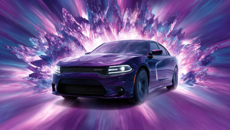 Purple sports car on a purple background with a trail of smokeの素材