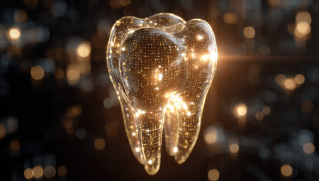 Digital tooth with glowing particles on dark background. 3D Renderingの素材