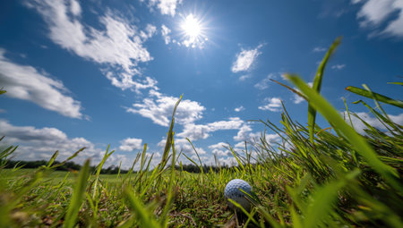 Golf ball on green grass with blue sky and white clouds.の素材