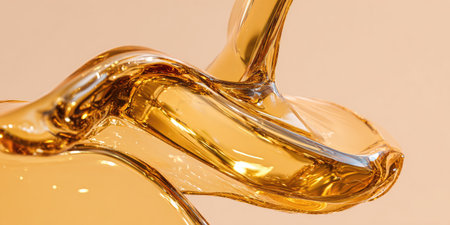 close up of  a  golden liquid flow  on beige backgroundの素材
