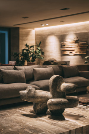 Modern living room interior design with brown sofa and wooden armchair.の素材