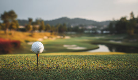 Golf ball on green grass with blurred golf course background, vintage toneの素材
