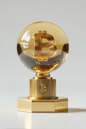 Bitcoin symbol in a golden trophy on a white background. 3d renderの素材