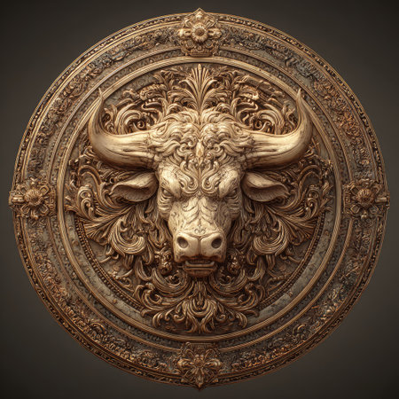 Bronze bull head on a shield. 3d render illustration.の素材
