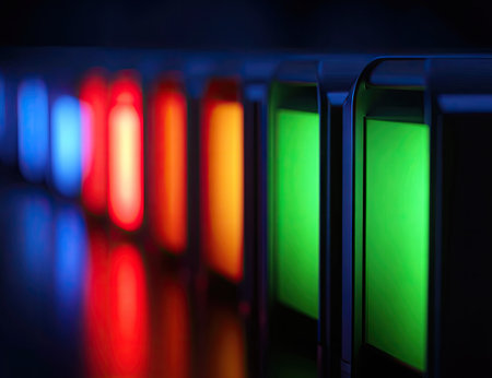 Close-up of a row of colorful LED lights in the darkの素材