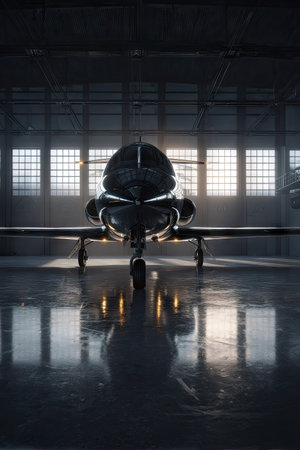 Aeroplane in a hangar at night. 3d renderingの素材