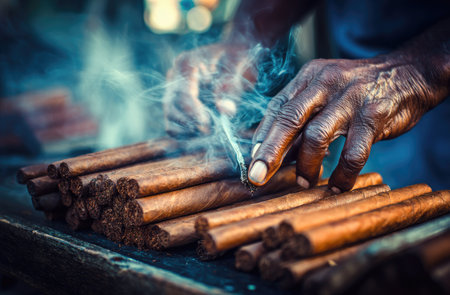 Close up of a hand of a cigar maker making cigars in the smokeの素材