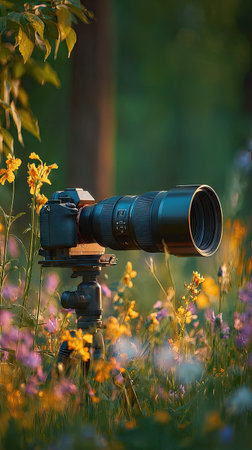 Photographer's camera on tripod in a field of wildflowersの素材