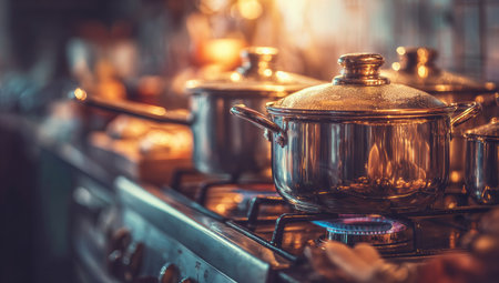 Pot and pans on the stove in the kitchen. Selective focus.の素材