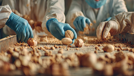 Close-up of a group of workers in protective gloves working with walnutsの素材