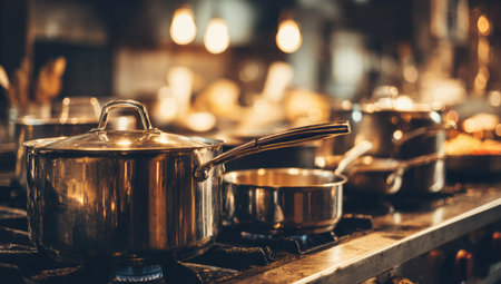 Close up of a group of stainless steel pots and pans in a restaurantの素材