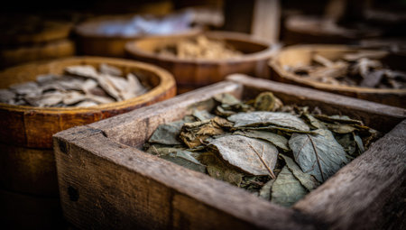 Spices and herbs in a wooden box. Vintage style. Selective focus.の素材