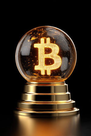 Snow globe with bitcoin symbol on black background. 3D illustration.の素材