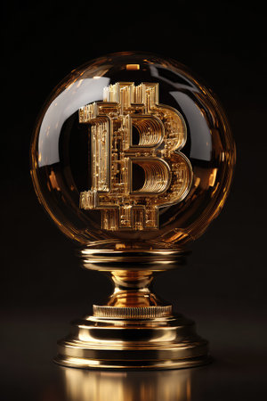 Bitcoin symbol in a crystal ball on a black background. 3d illustrationの素材