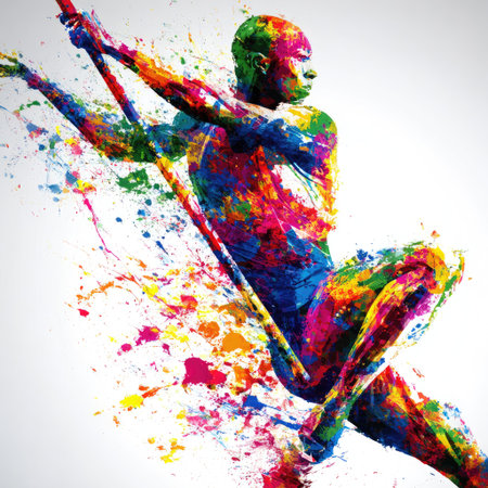 An abstract depiction showcases an athlete pole vaulting. The image uses a vibrant palette of colors. Splashes and strokes of paint create a dynamic composition. The artwork utilizes a creative technique to highlight the motion and energy of the activity. It could be suited for commercial applications and design projects.の素材