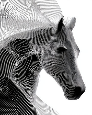 An artistic representation of a horse head features a blend of realism and abstraction. The grayscale image presents a play of light and shadow, combined with a linear overlay, creating a dynamic visual effect. Suitable for various design projects, including editorial and commercial applications.の素材