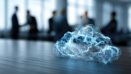 A digital representation of a cloud rests on a reflective surface, suggesting data storage and accessibility. Silhouetted figures in the blurred background imply a business or professional setting. The image showcases cool tones and an artificial lighting scheme. Suitable for content related to technology, finance, or corporate communications.の素材