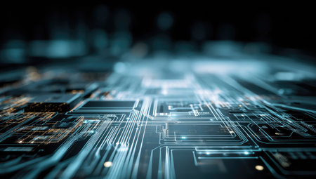 This image features an abstract depiction of digital circuitry, with glowing lines and connections forming a complex network. The composition utilizes a dark background to highlight the illuminated elements, creating a sense of depth and technological complexity. This visual can be utilized for presentations, articles, or various creative projects.の素材