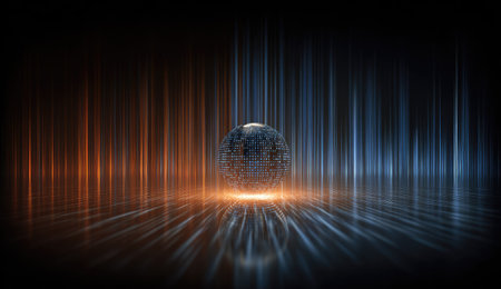 An abstract composition featuring a digital sphere illuminated by streams of light. The image showcases vertical streaks of orange and blue light, creating an atmosphere of energy. It can be suitable for illustrations related to technology, futuristic themes, or other conceptual projects. It also might be used for website backgrounds.の素材