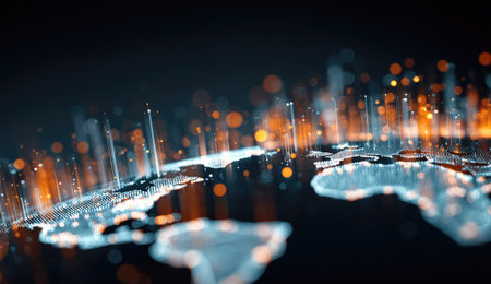 An abstract digital illustration presents a world map composed of glowing lines and points. The composition utilizes a dark background to enhance the vibrant display of orange and blue light effects. This image is suitable for depicting concepts related to technology, networks, or global interconnectedness for various applications.の素材
