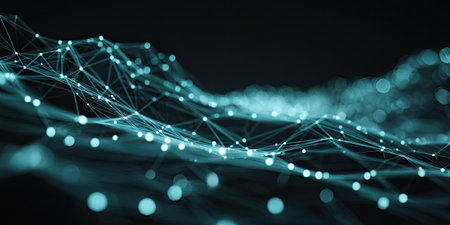 An abstract image showing a network of connected nodes rendered in a turquoise hue against a dark background. The composition employs blurred elements and a shallow depth of field, creating a visual texture. This image may be suitable for illustrating concepts related to technology and digital communication.の素材