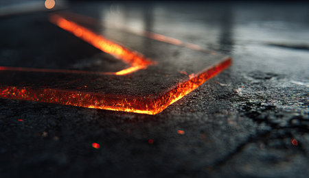 An abstract image presents a rectangular glass shape emitting an intense orange glow. The surface features a rough, textured appearance, contrasting against the light. The composition uses close-up perspective and soft focus. Potential applications include design projects, advertisements, and website graphics.の素材