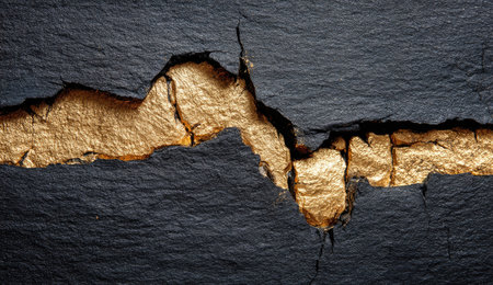 This image showcases a close-up of a textured surface, featuring a striking contrast between black and gold. The composition highlights a cracked pattern filled with gold, creating a dynamic visual effect. The lighting suggests a studio environment. This image is suitable for various commercial uses, including website backgrounds and graphic design projects.の素材