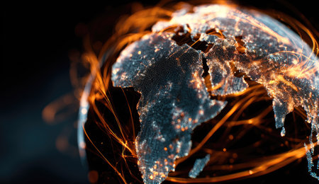 An artistic depiction of Earth, illuminated with vibrant orange and gold lines suggesting data flow. This image features a dark background, emphasizing the glowing globe. The composition showcases a modern aesthetic, suitable for illustrating technological concepts and global communications. Potential uses include editorial design and commercial visuals.の素材