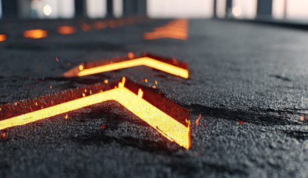 Close-up of glowing orange arrows embedded in a rough asphalt surface. The lighting creates a sense of depth and contrast, highlighting the texture and direction. The image conveys a modern aesthetic, suitable for projects related to guidance, technology, or transportation. It is appropriate for various commercial applications.の素材