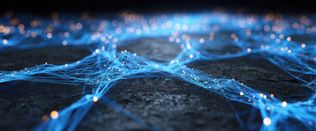 This abstract image depicts a network of interconnected lines with glowing nodes. The dominant colors are blue and dark grey, with a blurred bokeh effect adding visual depth. The style suggests a technological or scientific context. Suitable for commercial projects related to data, communication, and connectivity.の素材