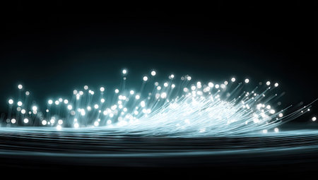 An abstract composition features light trails and glowing particles against a dark backdrop. The image showcases flowing, luminous lines and spheres, suggesting digital information flow. The overall aesthetic is futuristic, with a focus on light and movement. This visual could be used in various commercial or editorial projects related to technology.の素材