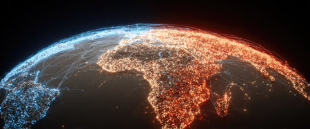 An abstract illustration depicts planet Earth against a dark background, highlighting global activity. The image uses vibrant colors and a semi-transparent, pointillistic style to represent energy or data flow. Suitable for commercial projects that concern technology, environment, or global topics.の素材