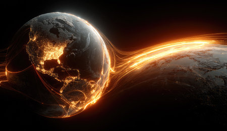 An abstract illustration depicts two celestial bodies with glowing energy arcs against a dark backdrop. The image showcases textures, contrasts, and warm tones suggesting dynamic motion. This visually compelling artwork is suitable for various applications, including science, technology, and design projects.の素材