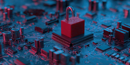 A close-up view presents a red lock resting on a computer circuit board, emphasizing cyber security. The image features a cool color palette with accents of red, and a shallow depth of field. This digital image is suitable for illustrating concepts of online safety, data protection, and technological advancements.の素材