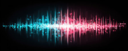 A vibrant graphic depicts an abstract sound wave. The visual features alternating vertical lines in gradients of blue and pink against a black background. The composition suggests dynamism, energy, and communication. This image may be suitable for uses related to music, technology, or creative design projects.の素材