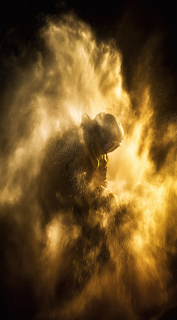 An artistic image presents a silhouette immersed in a swirling cloud of gold dust. The composition emphasizes the contrast between dark shapes and brilliant light. The textured style creates depth, while the overall effect evokes mystery. Suitable for visual storytelling, artistic projects, and editorial designs.の素材