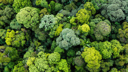 An overhead perspective reveals a dense forest canopy composed of various shades of green. The composition highlights the textures of tree foliage under natural daylight. The image may be used for environmental, nature, or conservation-themed projects. It can be utilized in editorial content or commercial applications.の素材