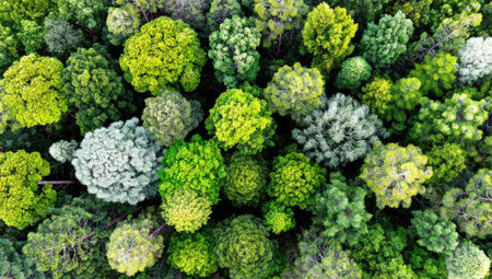 An overhead shot showcases a dense collection of trees with varying shades of green leaves. The composition highlights the textured canopy illuminated by sunlight, suggesting a natural environment. This image could be suitable for visual content in diverse commercial or editorial applications.の素材