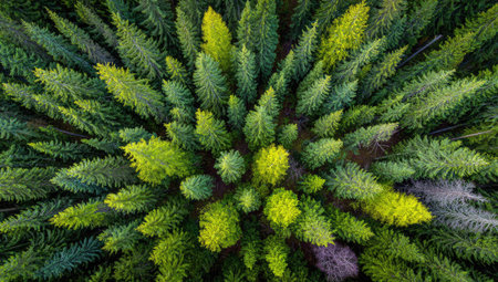 An overhead shot showcases a dense forest of evergreen trees. The scene presents a vibrant display of green hues with varying shades, and textures. The image suggests a natural, outdoor environment bathed in daylight. Suitable for illustrating ecology, nature, or environmental themes in various contexts.の素材