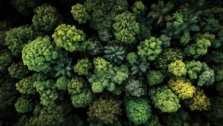 An overhead view reveals a dense forest canopy composed of various shades of green foliage. The composition highlights the textured details of the trees, illuminated by sunlight. This scene may be suitable for illustrating natural environments or concepts related to ecology, conservation, or environmental themes, for commercial and editorial use.の素材