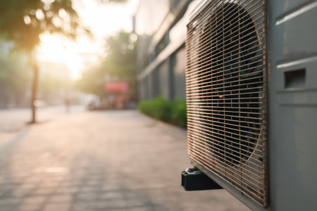 An outdoor air conditioner unit is mounted on a building. The image presents a close-up of the unit, displaying its grilles. The scene is bathed in sunlight, suggesting a daytime setting with a blurred background. This image could be used for illustrations related to building services or environmental control.の素材