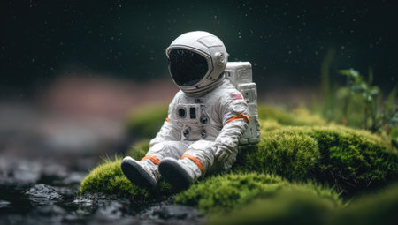 An astronaut figurine is situated on a bed of green moss, a contrasting element against the stark white of the spacesuit. The image presents a soft focus and subdued lighting, suggesting a tranquil, natural outdoor environment. This visual is suitable for conceptual illustrations on space travel, exploration, and human potential.の素材