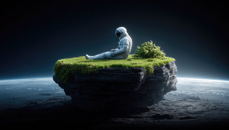 An astronaut sits on a small island covered in grass and vegetation, floating in space above a planet. The scene is illuminated by a soft, diffuse light creating a sense of tranquility. The composition is artistic, potentially suitable for editorial content or various commercial applications.の素材