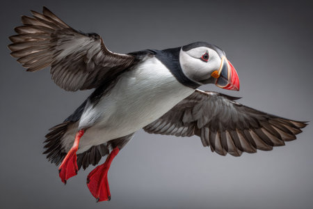 A puffin is captured mid-flight against a simple background. The bird displays a striking contrast of colors with its white chest, black wings, and vibrant beak. The composition highlights the puffin's streamlined form with dynamic lighting. Suitable for use in editorial content or commercial projects.の素材