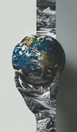 An artistic illustration presents Earth held gently in a hand, overlaying a black and white landscape. The composition is split by a vertical section, showcasing mountains and water features. The overall style is illustrative with a neutral palette. Suitable for various editorial and conceptual applications.の素材
