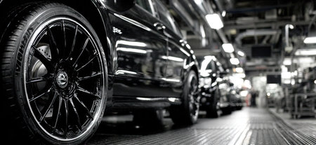 A row of vehicles is featured on an assembly line. The automobiles have a glossy black finish and prominent wheels. The lighting is bright, creating highlights and shadows. The scene suggests a factory or manufacturing environment. The image is suitable for commercial applications related to transportation and industry.の素材