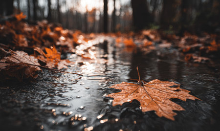 Close-up of fallen autumn leaves resting on a wet surface. The image displays shades of orange and brown with a shallow depth of field, emphasizing the texture of the leaves and the reflective quality of the water. This scene evokes a sense of tranquility and can be used for various projects related to nature or seasonal themes.の素材
