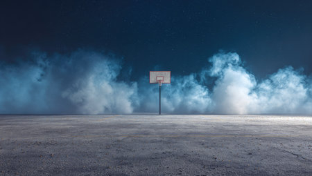 A basketball hoop stands centered on a textured concrete surface, set against a backdrop of atmospheric blue haze. The composition features a low-angle perspective, emphasizing the openness and scale of the environment. The image uses a muted color palette, offering potential use in promotional materials or conceptual projects.の素材