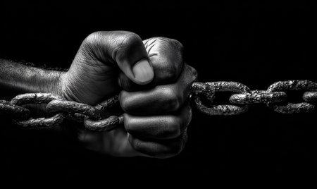 A close-up image features a clenched fist grasping a metal chain, set against a dark backdrop. The composition is rendered in grayscale, emphasizing textures and forms. The lighting highlights the subject's contours, suggesting themes of control, strength, and struggle. Suitable for various editorial and commercial applications.の素材