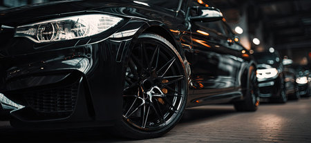 A row of black cars are presented in a low-angle perspective. The vehicles feature sleek designs and shiny exteriors. The composition emphasizes the details of headlights and wheels. The overall look is modern and polished. This image could be used for automotive advertising or editorial content, emphasizing luxury and design.の素材